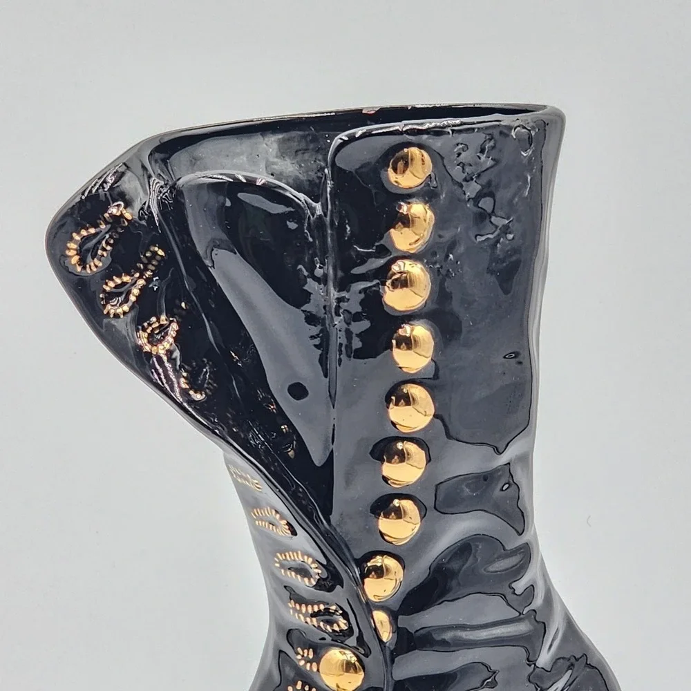 Vintage Ceramic Victorian Boot Vase Planter Black Gold Attributed Atlantic Mold